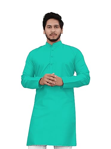 Image of Cotton Blend Full Sleeve Long Plain Kurta for Men