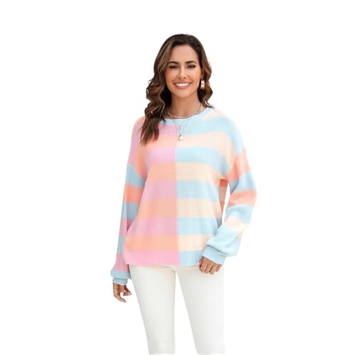 Womens Autumn Winter Warm Comfortable Pullovers Casual Fashion Ladies Stripe Color Collision Crew Neck Knit Sweater
