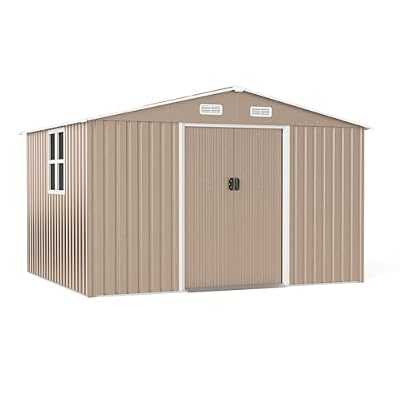 Kullavik 10FT×8FT Outdoor Storage Shed,Metal Garden Storage Shed with Air Vents,Lockable Tool Shed Outdoor Weatherproof Storage for Backyard Garden Patio Lawn,Brown