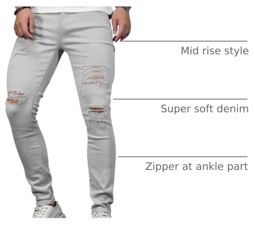 Image of HUNGSON Men's Blue Slim Fit Jeans Stretch Destroyed Ripped Skinny Jeans Side Striped Denim Pants