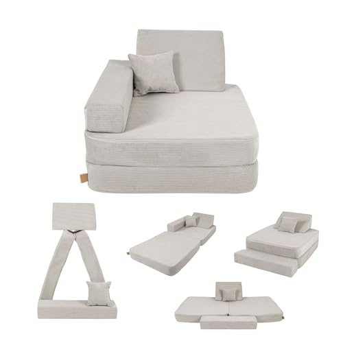 Angelove Kindersessel 3‑in‑1 - Faltbare Kindercouch & Spielmatratze aus Cord, Bequemer Spielsofa‑Sessel ab 1 Jahr, Grau