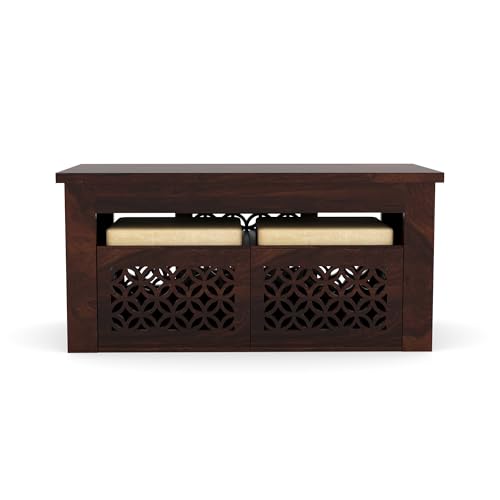 Image of Sheesham Wooden Coffee Table with 2 Stool for Home | Solid Wooden Center Table for Living Room, Meeting Room Hotels Center Tea Table with Seating Stool, Carved- in Walnut Finish