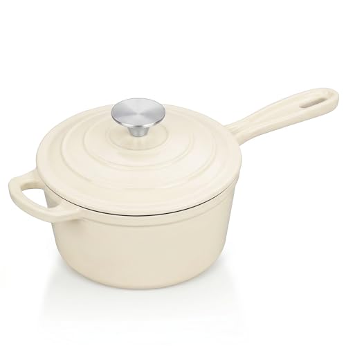 E-far Enameled Cast Iron Sauce Pan with Lid, 1 Quart Dutch Oven Saucepan, Mini Sauce Pot for Cooking, Boiling, Healthy & Non Toxic, Induction & Oven Safe, Cream