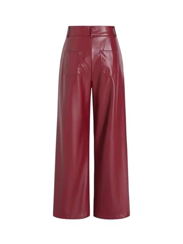 Women Vintage High Waist Burgundy Pu Straight Pants Faux Leather