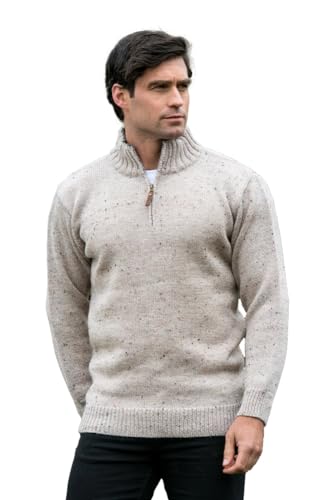 Aran Crafts 1/4 Zip Plain Sweater 100% Wool, Made in Ireland