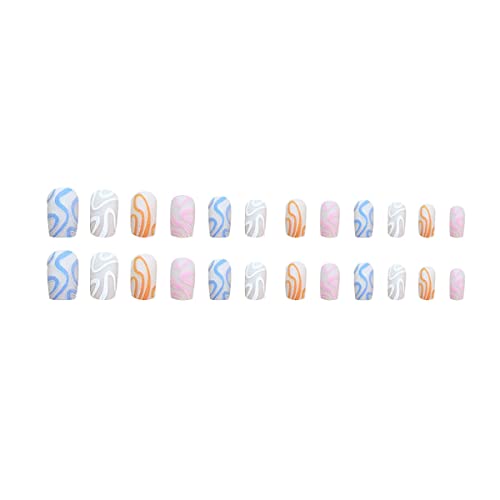 Press On Nails 24 Pcs Short Square Fake Nails Glue On Nails For Women Girls Teens With Glue Sticker And Nails File, Multicolor Line False Nails #TOP1