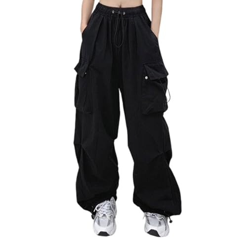 Womens Cargo Pants Loose Fit Elastic High Waist Wide Leg Parachute Pants with Pockets Baggy Travel Hiking Trousers