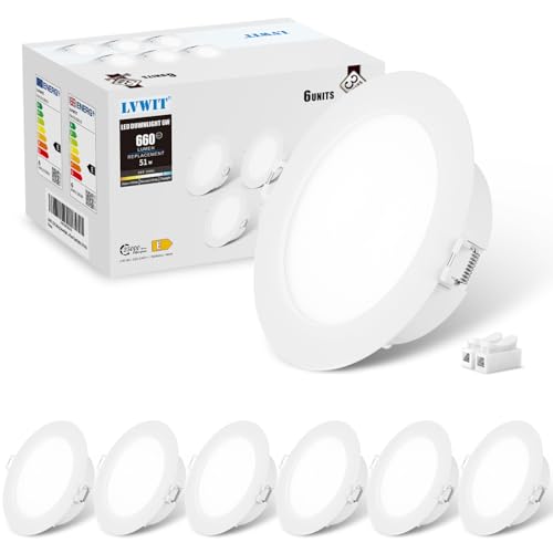 LVWIT ×6 LED Empotrable en Techo, Lámpara de Techo Circular Ultraplana de 6W, Foco Blanco Frío de 6500K, Ideal Para Baños, Cocinas y Pasillos, 660 Lúmenes, Ø113mm, No Regulable.