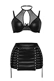 EVELIFE Dessous Damen V-Ausschnitt Minikleid Clubwear Leder Outfit Karnevals Party Atmungsaktiver Mesh-Lederrock Mit Strumpfgürtel (Schwarz, XL)