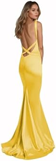 Women's Backless Mermaid Prom Dresses 2025 Long Satin Formal Dress Corset V Neck Evening Gown Bodycon with Train Gold