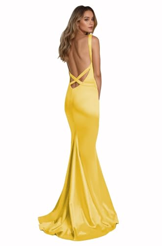 Women's Backless Mermaid Prom Dresses 2025 Long Satin Formal Dress Corset V Neck Evening Gown Bodycon with Train Gold