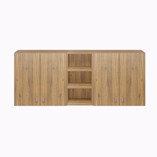 Image of VIKI Furniture |Pivot Modular Kitchen Wall Cabinet - 4 Door Cabinet with Open Shelf | Space Saving Rack for Spices | DIY Home Storage Cupboard (Brussel Walnut - 30D x 200W x 80H cm) | 1 Year Warranty