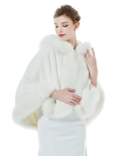 Women Faux Fur Shawls Wraps Bridal Fur Stoles Cloak Coat Fur Trimmed Cape Poncho for Party Wedding Bridal