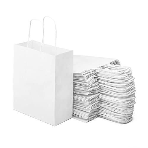 Miamex Lot de 40 Sacs Cabas Blancs en Papier Kraft avec Poignées -18 x 8 X 21 cm Sac de Courses/Emballage cadeau pour Anniversaire, Noël, Mariage... (Blanc)