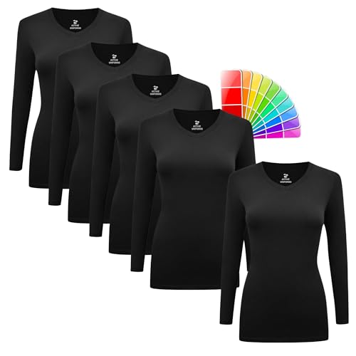 M&M SCRUBS Women's Under Scrub Tee V-Neck Long Sleeve T-Shirt - 5 Pack (Black, Large)