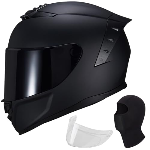 Full Face Motorcycle Helmet,Helmets for Adults Motorcycle, MG611 Motorbike Racing Street Bike Helmets with Black Visor for Men Women,DOT Approved (Matte Black-B+ Mask, L)
