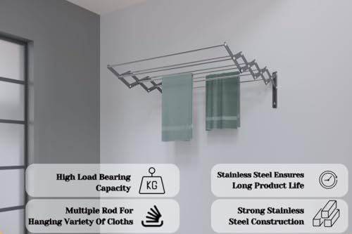 Image of RIOMAX Heavy Duty Rust-Free Stainless Steel Foldable Wall Mounted /Mounting Clothes Drying Stand /Cloth Dryer Racks for Bathroom /Balcony /Indoor /Outdoor (2 Ft - 8 Rod - Black & Silver)
