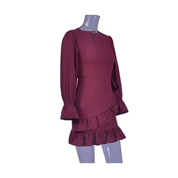 WEEPINLEE Womens Long Sleeve Round Neck Ruffles Wrap Dresses Party Dress (Wine Red, M)