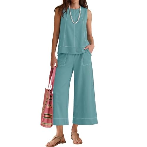 LOMON Two Piece Sets for Women Summer Outfits Sleeveless Tank Tops Wide Leg Crop Pants Matching Lounge Vacation Travel