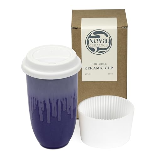 Image of NOVA CERAMICS Ceramic Tumbler- Blue Ceramic Mug - Microwave & Dishwasher Safe Coffee White & Orange Tumbler - Leak-Proof Coffee Travel Mug - 16oz - Neptune