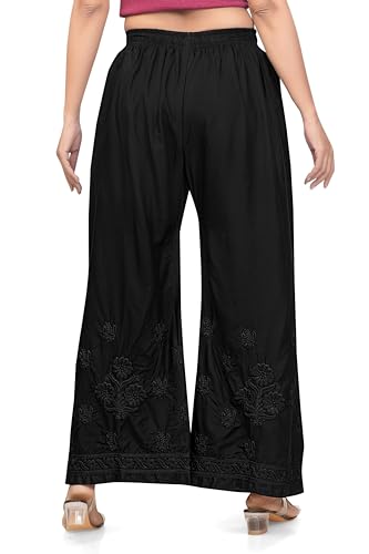 Image of Women's Palazzo Pants with Floral Embroidery, Elastic Waist, White,Black and Off White, Cotton, Lucknowi Style