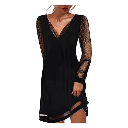 Générique Femmes Col V Robe à Manches Longues Tunique Élégant Soirée Fête Cocktail Shirt Robes (Noir, XXL)