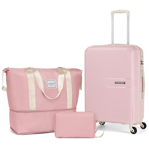 LARVENDER Luggage Sets 3 Piece, Hardside 20 IN Carry on Luggage Airline Approved Suitcase Sets with Spinner Wheels, Lightweight Rolling Suitcase for Men and Women, Pink