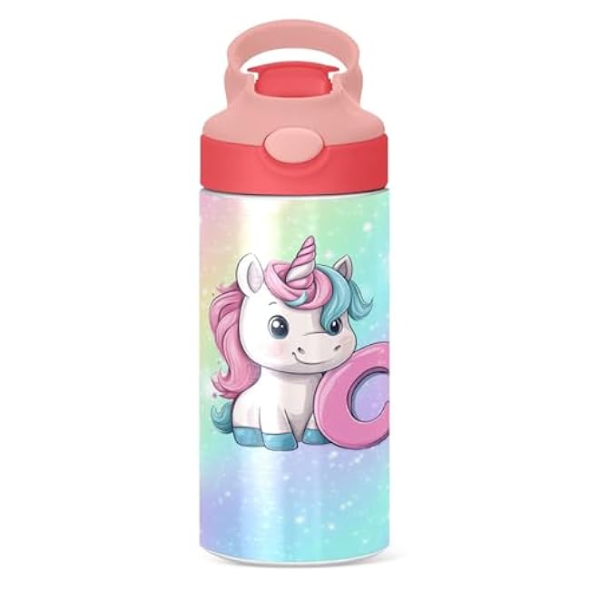 12 Oz Kids Insulated Water Bottle Unicorn Monogram Letter S Stainless Steel Double Walled Tumbler Travel Cup for School Boys Girls