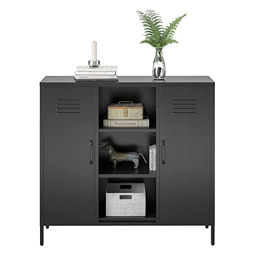 REALROOMS Shadwick 2 Door Metal Locker Accent Storage Cabinet with Center Bookcase, Black
