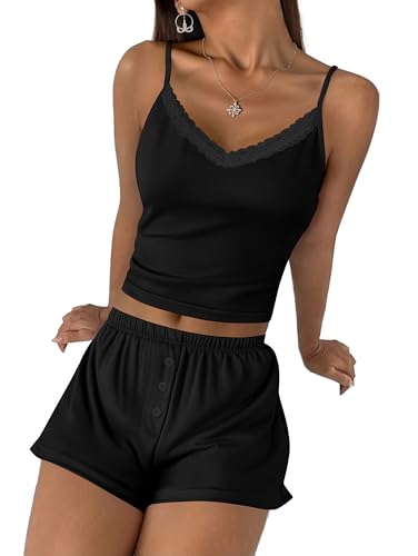 Image of Ekouaer Cami Pajama Sets Y2K 2 Piece Lace Crop Top and Shorts Sexy Pjs Summer Lingerie Sleepwear Nightwear for Women