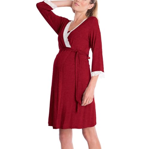 Camisón Ropa de Dormir de Lactancia para Mujeres Embarazadas Bata de Maternidad de algodón con cinturón Ajustable Vestido de Pijama Ropa de Embarazo Bata de Maternidad de algodón Camisón de de de