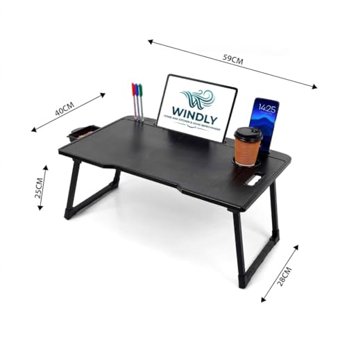 Image of WINDLY Wood Multipurpose Foldable Laptop Table with Cup Holder | Table Home Study Writing Table, Foldable and Portable /Ergonomic Edges Kids & Adults (Black)