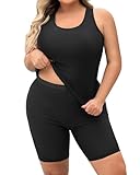 Daci Women's Plus Size Tankini Swimsuit - Two Piece Rash Guard with Capris Shorts and Athletic Racerback Bathing Suit Black L