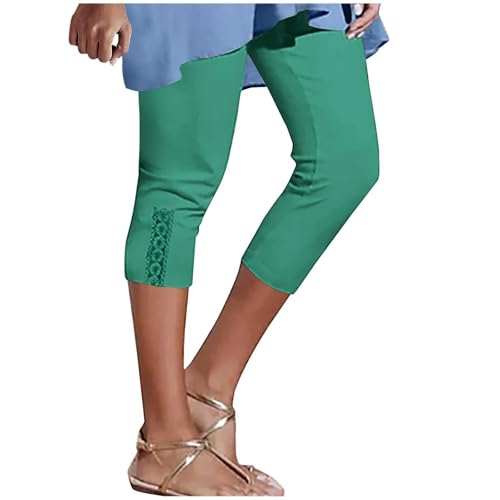 Womens Capri Leggings Lace Trim Pull On Cropped Pants Stretchy
