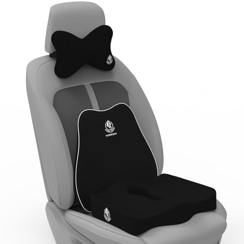 Image of MRRON Memory Foam Car Seat Cushion Combo - Backrest, Coccyx Cushion & Neckrest - Orthopedic Support for Back, Sciatica & Neck Pain - Ergonomic Comfort for Car, Office. (Black, Slim Backrest)