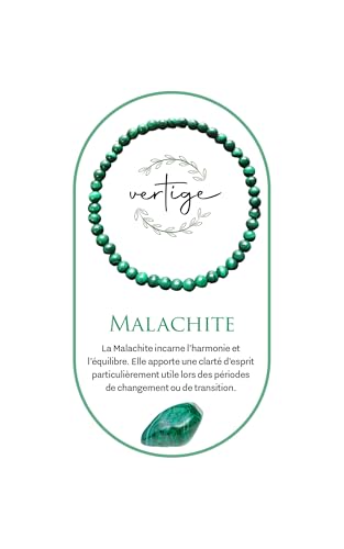 VERTIGE Bracelet de lithothérapie MALACHITE, Pierres 4mm Minérales, Source de bien être Psychique et Physique, Apporte la sérénité d’esprit, la bienveillance, la joie de vivre, Bracelet Femme/Homme
