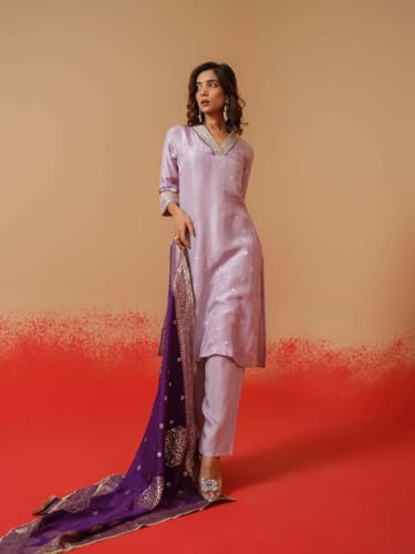 Image of Kaari Women's Embroidered Kurta Set with Dupatta - Festive Kurta Set for Women Polyester