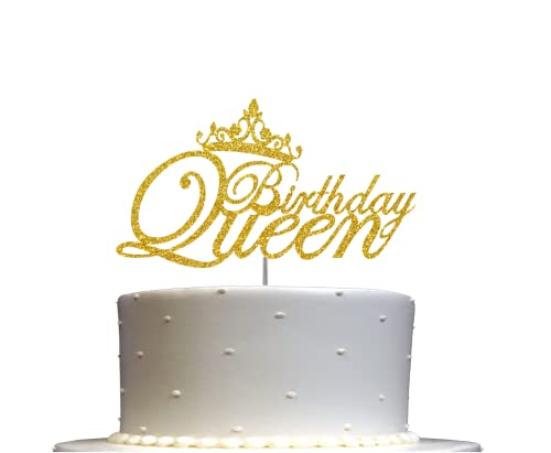Birthday Queen Glitter Cake Topper, Birthday Party Decorations Ideas, Premium Quality Decoration, Sturdy Doubled Sided Glitter, Acrylic Stick. Made in USA (Gold)