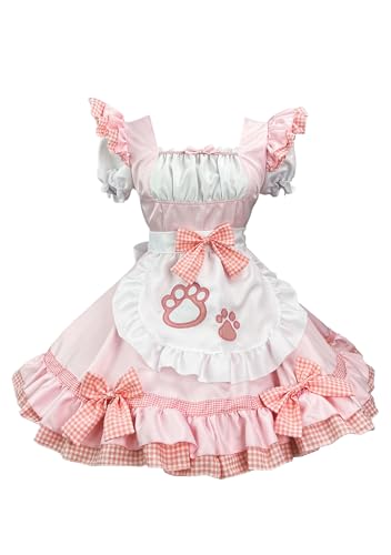 OMZIN Manches Courtes Collier Lolita Robe Femme French Maid Japonais Anime Cosplay Kawaii Tablier Robe Chat Rose M