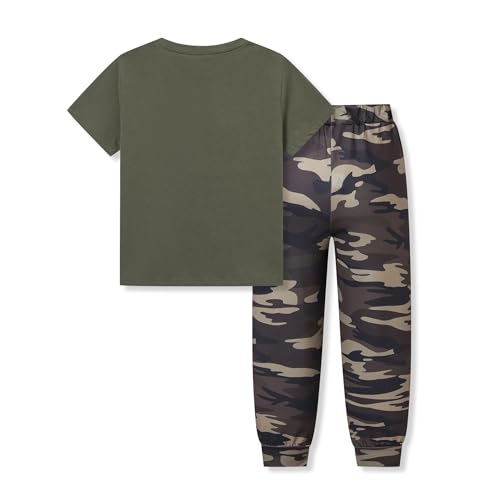 Image of OLMRJKD Boys 2 Piece Outfits Color Block Clothes Short Sleeve T Shirt and Camouflage Pants Summer Clothing Sets