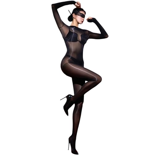 Bodystocking transparent col rond en maille de luxe noire au fini huilé