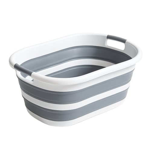 CHARKHAH 67L Collapsible Laundry Basket – Foldable Clothes Washing Bin for Space Saving | Strong Plastic Storage Hamper with Handles – White & Grey Color in Oval Design (Classic)