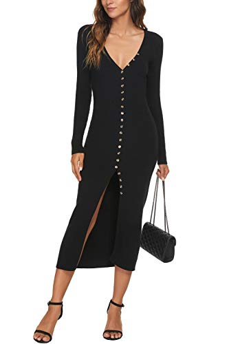 Cmz2005 Women's V Neck Long Sleeve Knit Cardigan Dress Bodycon Outerwear Button Down Sweater Maxi Dress 6088 (Black, Small) #TOP2