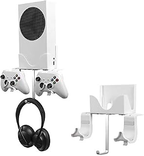 Wall Mount Holder Bundle for XBOX Series S, Double Controller Bracket with Charging Hole & Earphone Wall Mount, Heat Dissipation Design with Spirit Level and Anti-Slip Mat,Not for Xbox ONE S