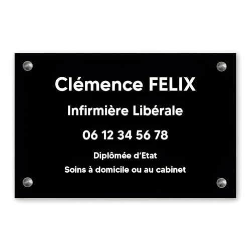 Plaque infirmière libérale PVC noire et blanche DECOHO avec fixations