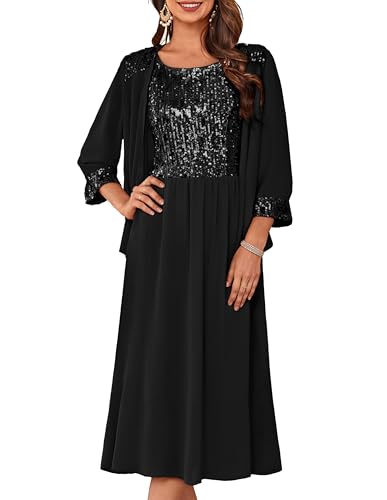 GRACE KARIN Damen Elegant Rundhals Sommerkleid mit Chiffon Cardigan 2025 Rockabilly Glitzter Abendkleider Hochzeit Party Kleider Schwarz M