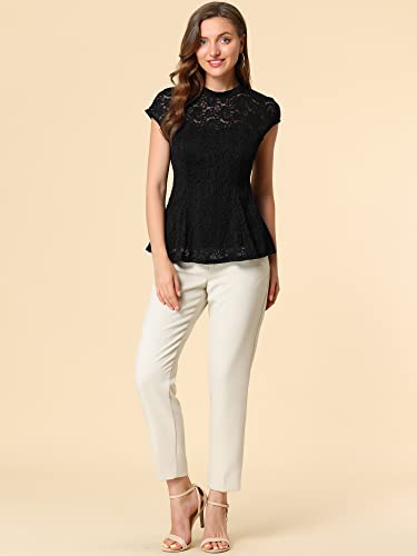 Allegra K Women's Crochet Peplum Floral Crochet Mock Neck Tops Cap Sleeve Lace Blouse2