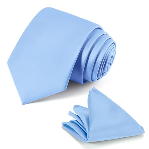 JUNMEISI Light Blue Tie Set in Gift Box Mens Solid Color 3.15 (8CM) Light Blue Necktie and Pocket Square Set