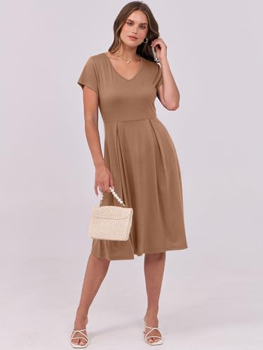 Image of ANRABESS Women Summer Dress Casual Short Sleeve V Neck A-Line Knee Length Pleated Flowy 2026 Fashion Midi Dresses with Pocket