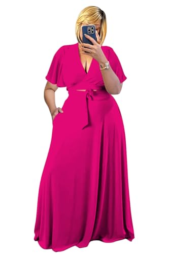 Image of Plus Size Women's 2 Piece Outfits Casual Short Ruffle Sleeve Wrap Crop Top Maxi Long Dress Flowy Matching Sets